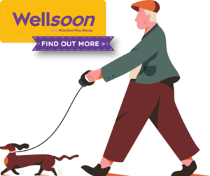 Illustration of man walking his dog with Wellsoon logo, click to find out more about Wellsoon private surgery