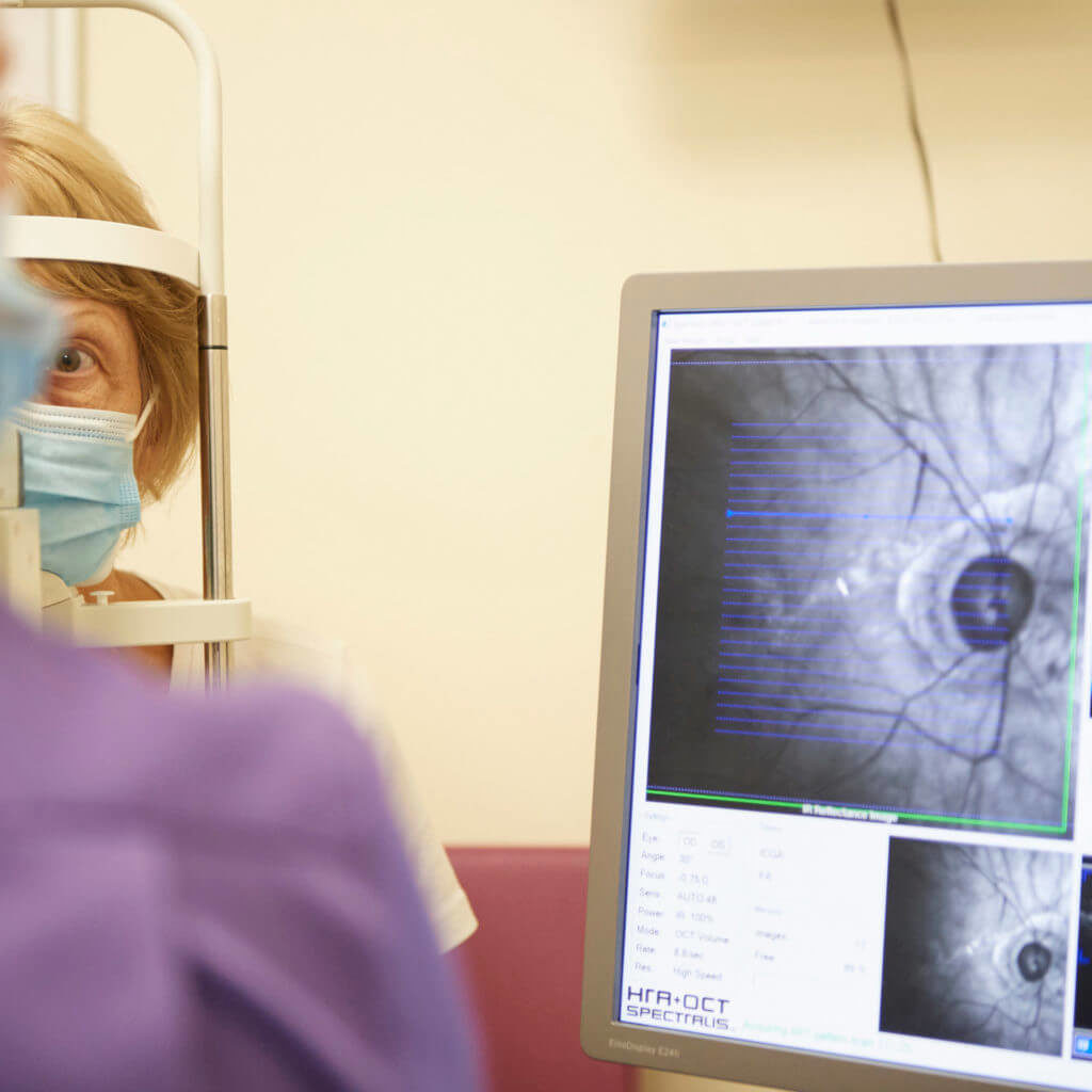 A patient having an eye exam