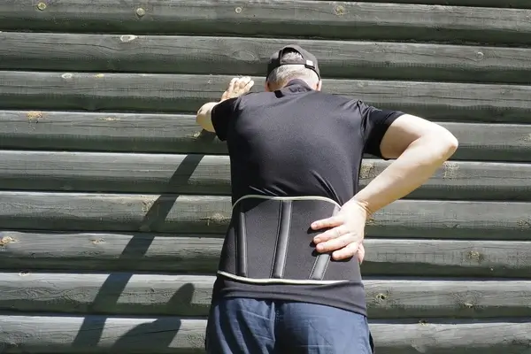A main wearing a waist belt holding his back in pain