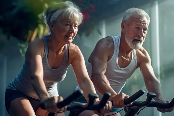 An older couple working out on stationary bikes after hip replacement