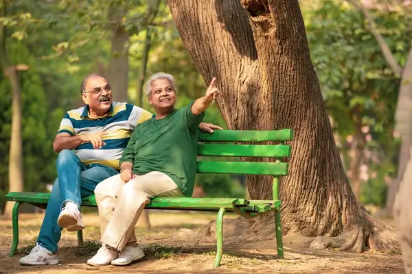 Older couple sitting on a bench in the woods, marvelling at nature 