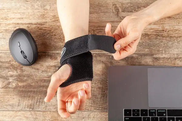 Someone using a wrist splint while recovering from carpal tunnel surgery