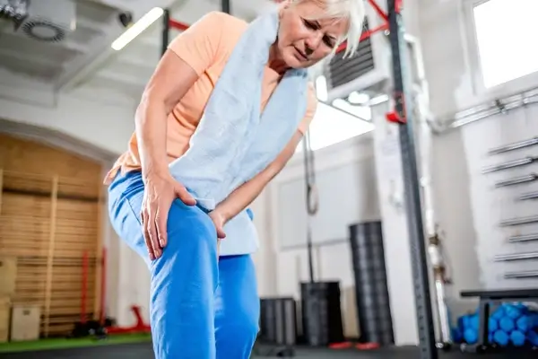 Older lady with knee pain in gym