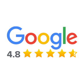 Badge displaying our 4.8 stars customer rating on Google reviews