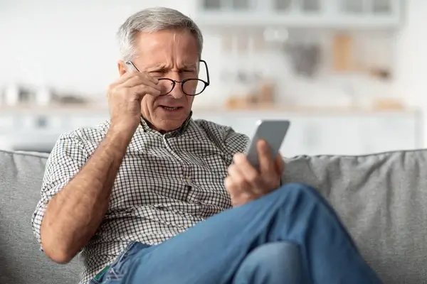 Older man looking at his phone wearing glasses