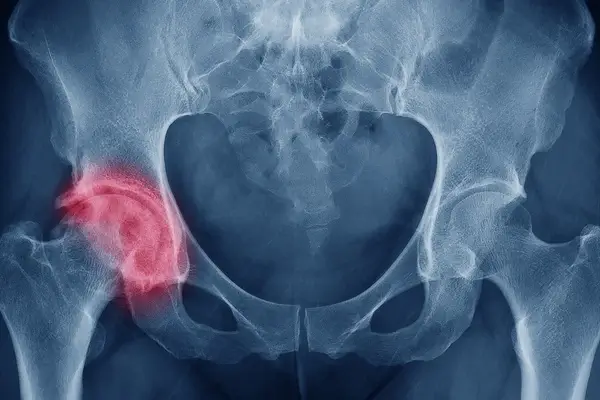An x-ray of a worn hip joint in which the hip is highlighted red 