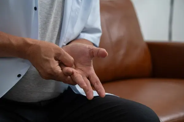 Carpal tunnel or arthritis? A man feels the palm of his hand with a thumb