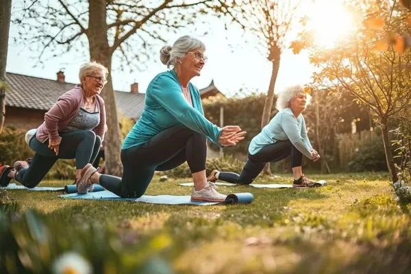 Group of older women stretching on yoga mats in a garden to improve their knee health