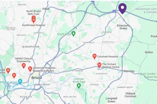 Map of hospitals in Bristol area