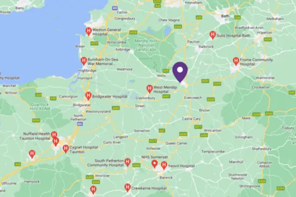 A map of hospitals in Somerset