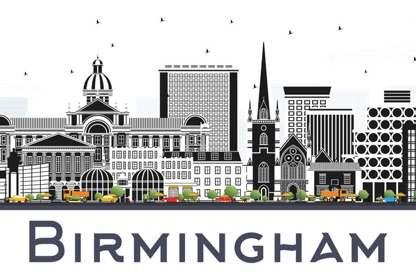 A graphic of the Birmingham city skyline with the word Birmingham written below