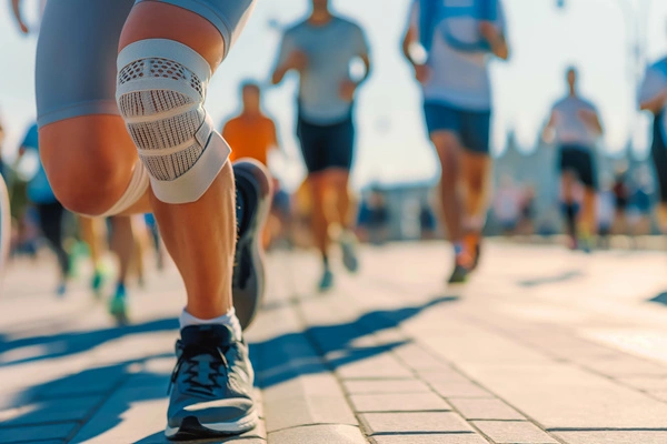 Close up of someone's knee in a brace while running