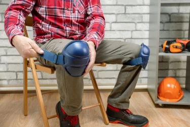 Builder puts on knee pads at work