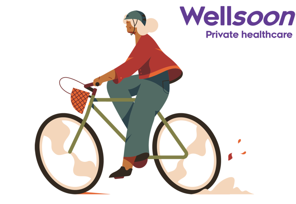 Wellsoon logo and illustration of a cyclist
