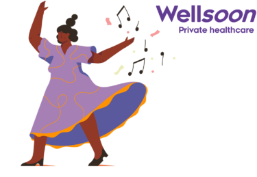 Wellsoon logo and illustration of a dancer