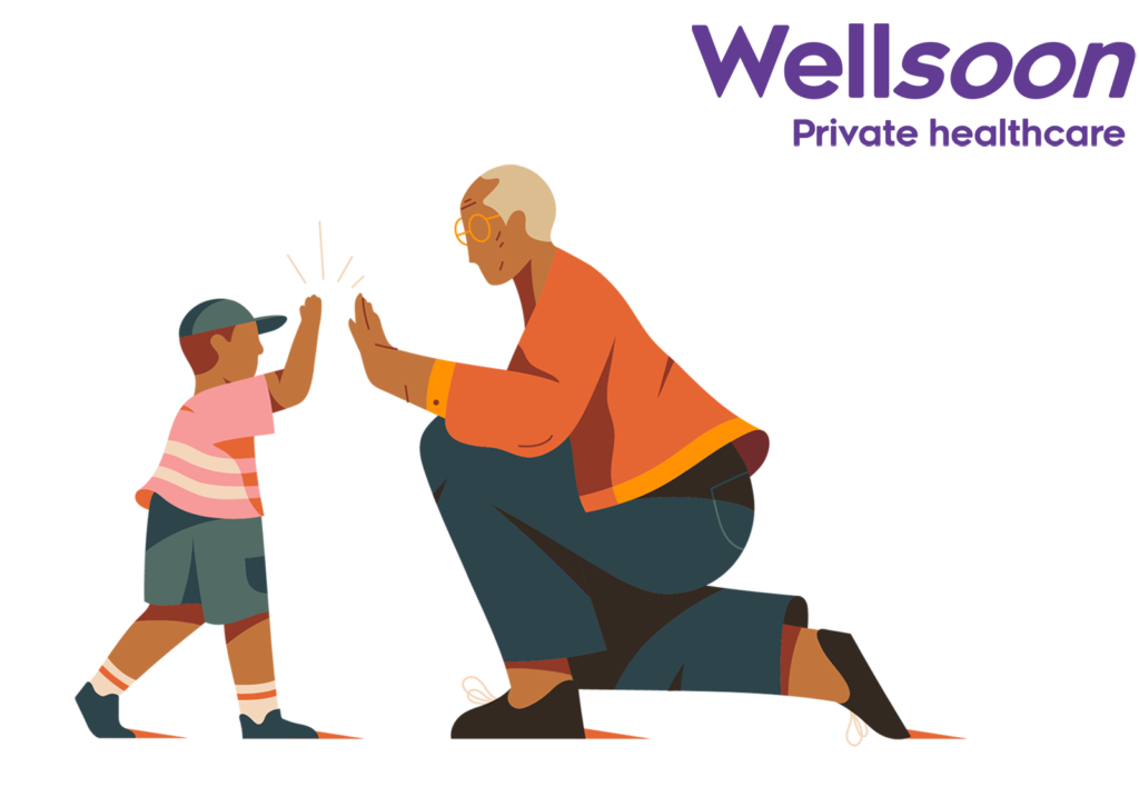 Wellsoon logo and illustration of grandparent and grandchild