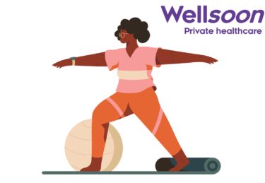 Wellsoon logo with illustration of yogi