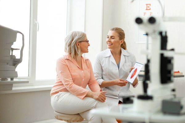 A cataract consultant with a patient