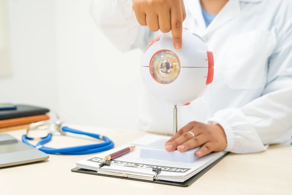 Consultant points at test equipment at a cataract consultation