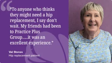 Hip replacement patient video testimonial from Val Stones from The Great British Bake Off.